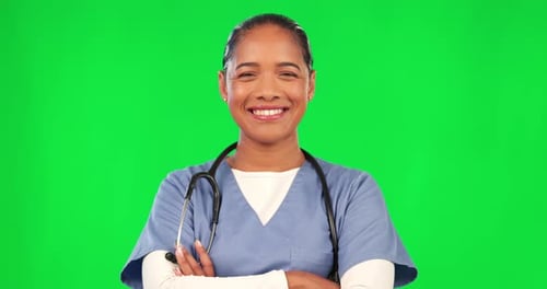 Woman, doctor and arms crossed by green screen, face or laugh for healthcare, wellness or mockup