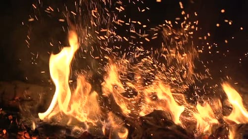 Intense Flames with Rising Embers at Night