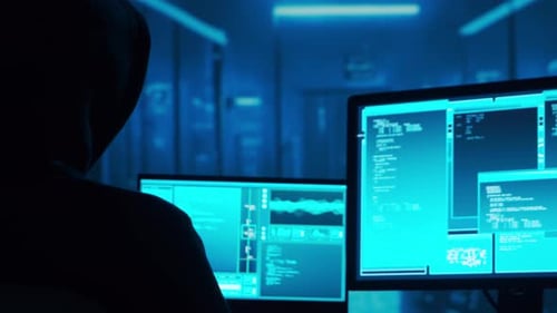 Hacker Working on Multiple Glowing Computer Screens