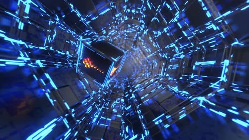 Futuristic tunnel. The cube moves unevenly. cube with an equalizer moves inside a futuristic tunnel.
