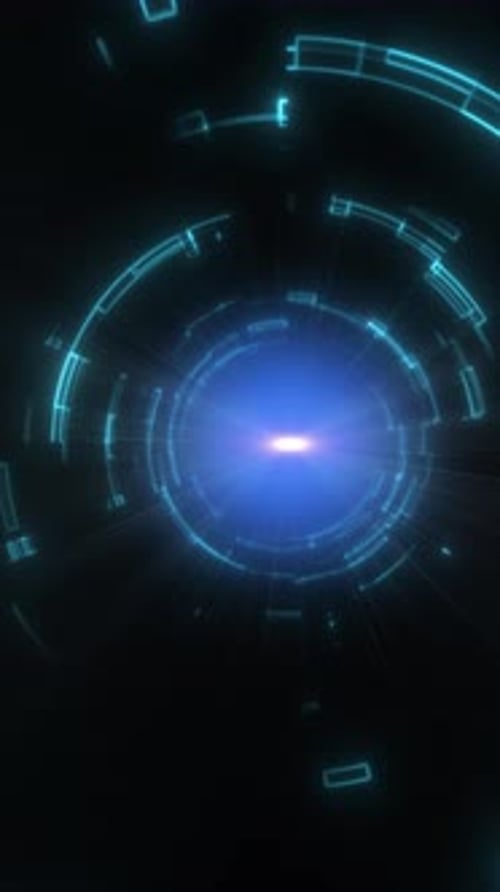 Glowing blue digital tunnel with concentric circles and bright center