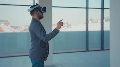 In Empty Building Making Gestures Swipe When Wearing Virtual Reality Looks How the Room Will Look