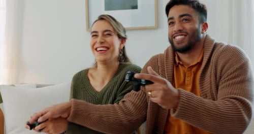 Video game, fun and excited diversity couple with crazy high energy, play together