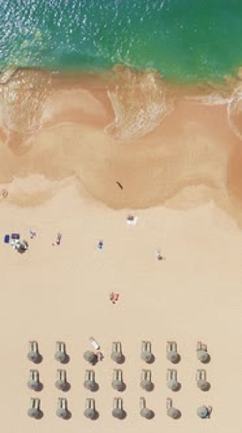 Vertical Aerial View of Sandy Beach with Sun Loungers Swimmers and Turquoise Water