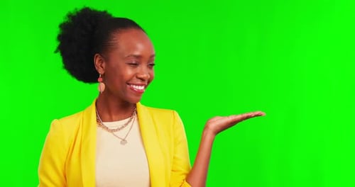 Green screen, hands and face of black woman with mockup space for product placement