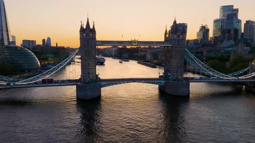 Flyover London River Thames Tower Bridge and famous city skyline in summer