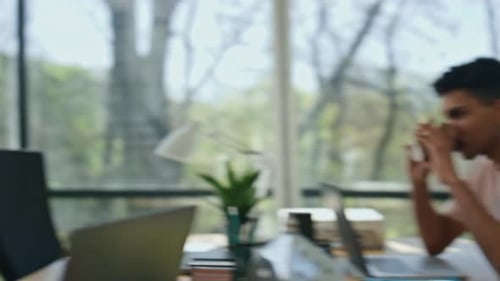 Laughing Man Talking Office Break Closeup Creative Team Informal Communication