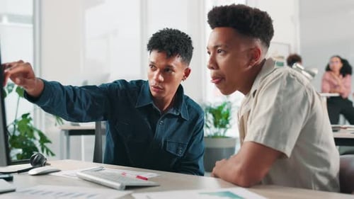 Business, teamwork and computer with coaching in office for website design