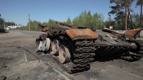 Destroyed Military Tank on City Street
