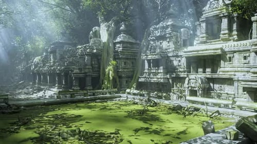 Ancient Temple Ruins Surrounded By Lush Greenery in Cambodia at Midday