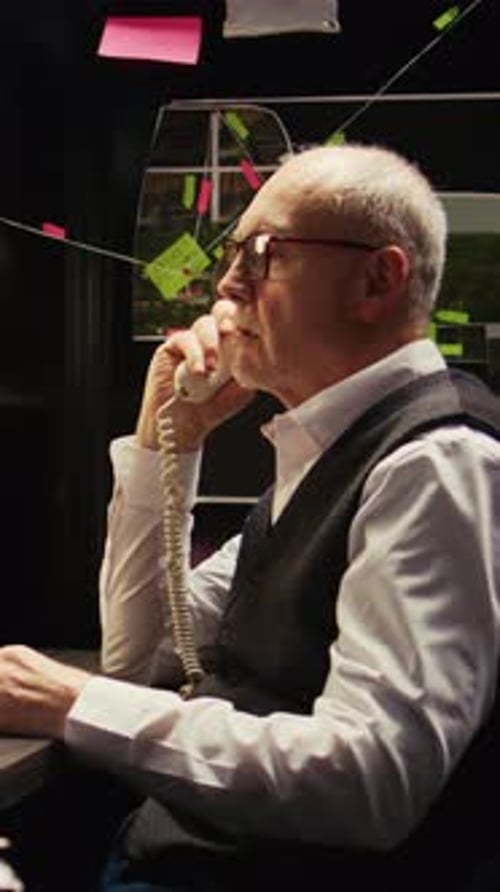 Man Working at Desk Talking on Phone at Night