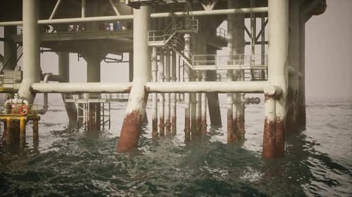 Rusting Offshore Oil Platform Supports Rise Above Turbulent Waters at Dusk