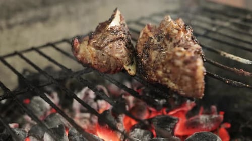 Marinated Steak Meat Grilled On Charcoal Grill. - close up