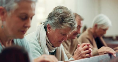 Worship, prayer or mature woman in church for God, holy spirit or religion in Christian community