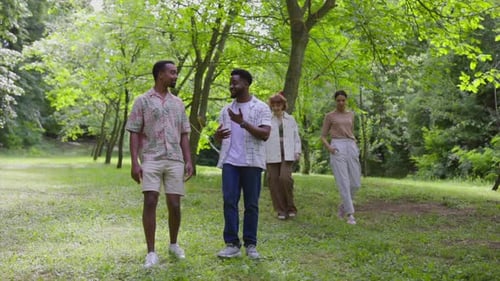 Four young multiracial friends are enjoying a leisurely stroll through a park, engaged in lively con