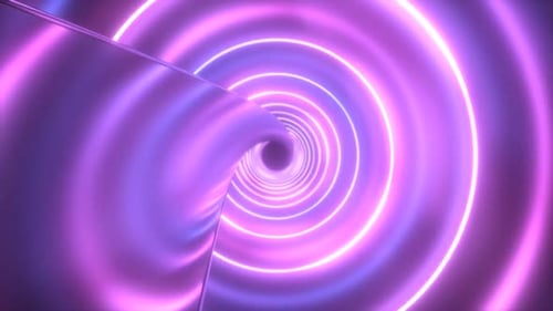 Inside Futuristic Neon Ultraviolet Ring Tunnel Twisty Reflection Road