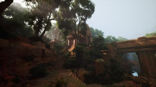 Ancien temple niché dans la jungle luxuriante de Thaïlande baigné d'un doux soleil