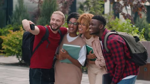 Happy Smiling Posing Multiracial Students Diverse Multiethnic Friends University College Campus