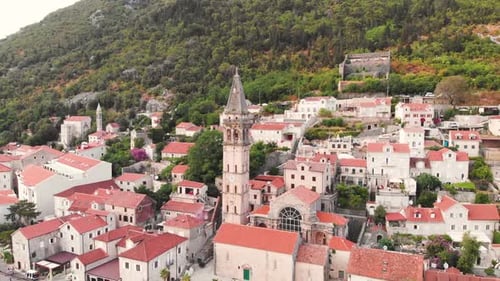 Town Harbour and St Nicholas Church in Perast Montenegro