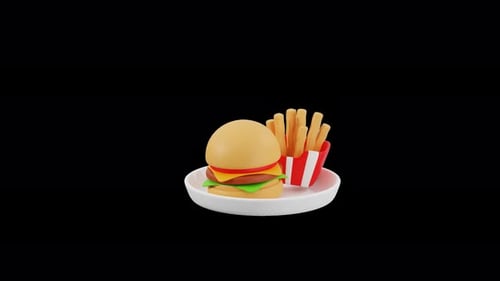 Animated 3D Hamburger and French Fries on Plate