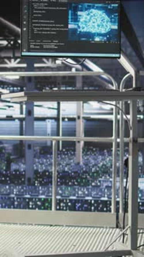 Vertical Video PC Monitors on Data Center Industrial Platform Displaying AI Hardware Status