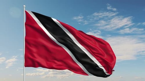 Realistic Waving Flag of Trinidad and Tobago on a Blue Sky