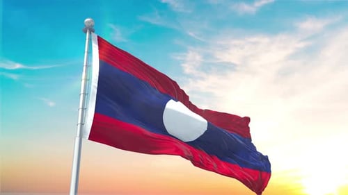 Laos Flag Waving with Realistic Cloth Physics Against a Beautiful Sky