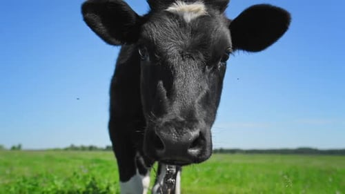 Cow grazing on the green meadow in a sunny day