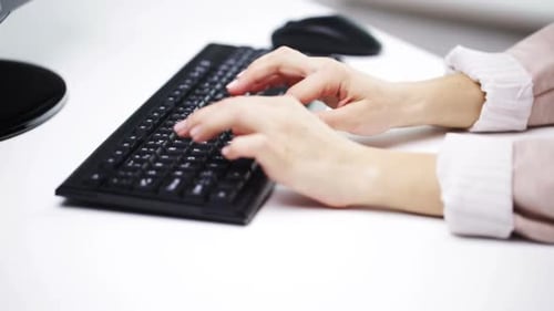 Business, Education, Technology And Electronics Concept - Woman Hands Typing On Computer Keyboard...