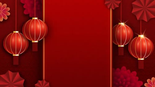 Chinese New Year Red Background with Festive Lanterns and Paper Flowers