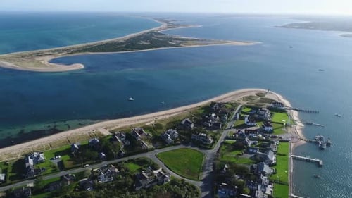 Aerial view of houses near the water, United States.
