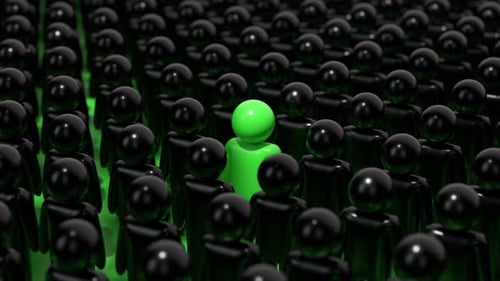 A Single Green Figure Contrasts Against a Crowd of Black Figures Symbolizing Individuality