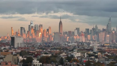 Aerial view of Midtown Manhattan at sunrise. Shot on an autumn morning in New York City.