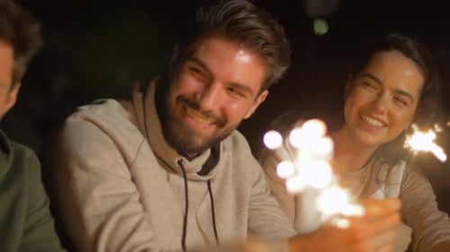Happy young friends celebrate christmas with sparklers outdoors at night