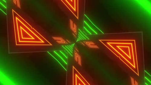 Dynamic neon lights create a vibrant, modern geometric backdrop