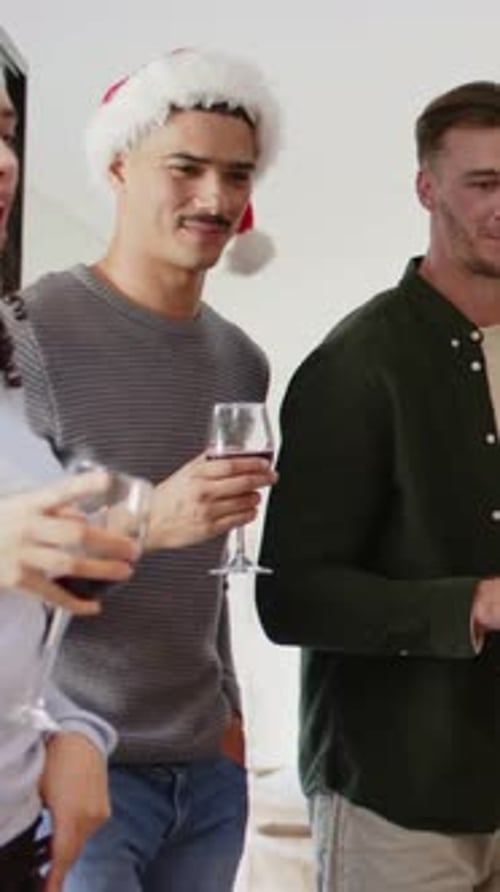 Vertical video: Green shirt man stepping, giving toast to Santa-hat friend holding wine at home