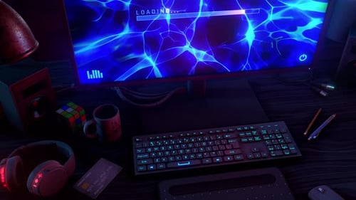 Dynamic Loading Bar with Energetic Neon Background and Keyboard Lights