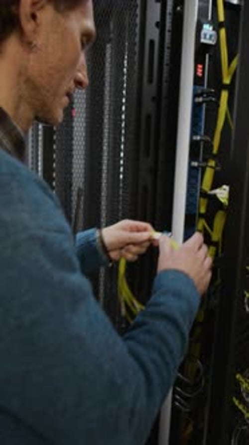 Man Inspecting Yellow Cables in Server Room Racks