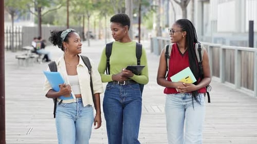 Estudantes universitárias afro-americanas conversando e caminhando no campus universitário
