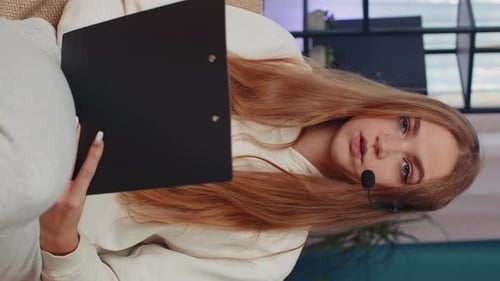 Young Woman Freelance Worker Call Support Center Service Operator Helpline Having Talk with Client