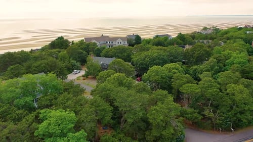 Coastal Homes Aerial View, Beach at Low Tide