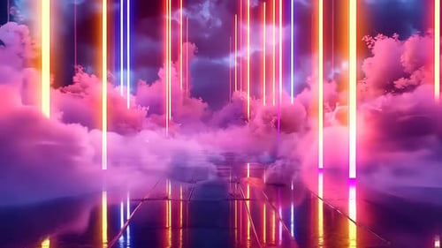 Neon cloudscape, vibrant colors, futuristic, glowing lines, surreal