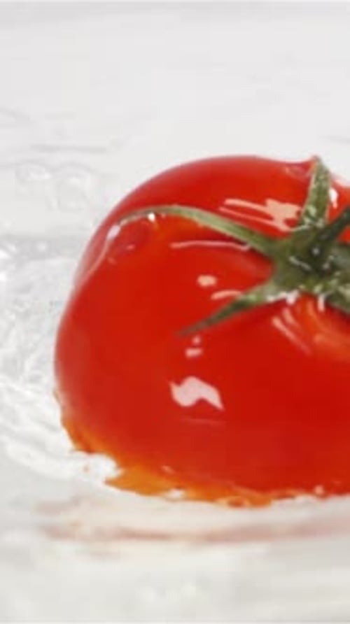 Vertical of One Red Ripe Tomato with Green Leaves Falls Under Water