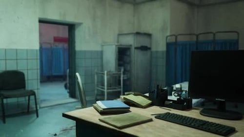 Abandoned Hospital Office Space with Overturned Furniture and Disarray