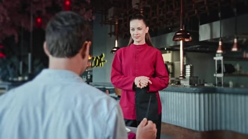 Modern Restaurant Interior Attractive Waitress Assisting Male Guest Quality Service Experience