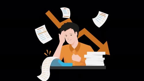 worried man with too many bills to pay, bankruptcy, financial crisis, taxes 4k animation on alpha