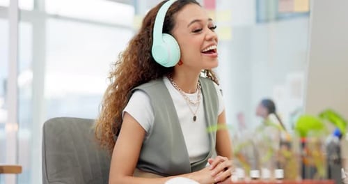 Headphones, meeting and woman on a video call in the office for webinar or online conference