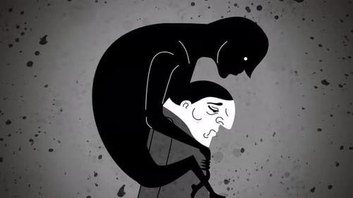 depressed man carrying the burden of a depression entity