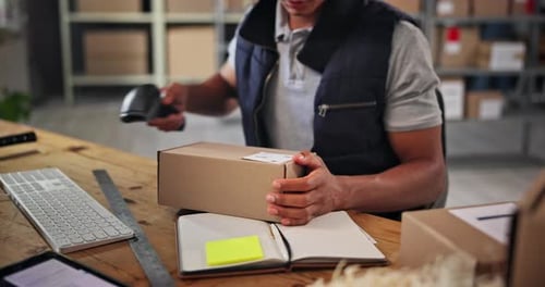 Warehouse, hands and scanner for order, boxes and preparing of product with label and logistics