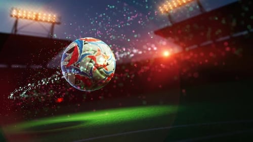 Patriotic pattern soccer ball in night stadium.